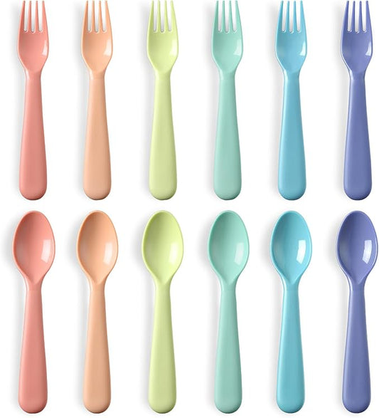 12 Pieces Toddler Utensils Set, Plastic Spoons and Forks Set for Kids, Children Safe Flatware, Dishwasher Safe, Plastic Reusable Cutlery, BPA Free, Macaron color