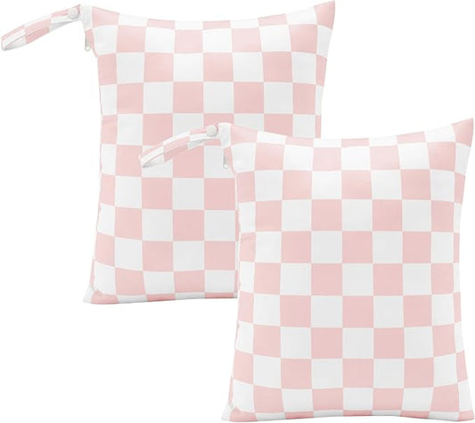 Ohocut Pink Checkered Waterproof Wet Dy Diaper Bag for Baby Essentials, Travel, Swimsuit, Beach Bag Accessories, Aesthetic Trendy Cute Toddler Baby Cloth Bag Pouch, Pack of 2