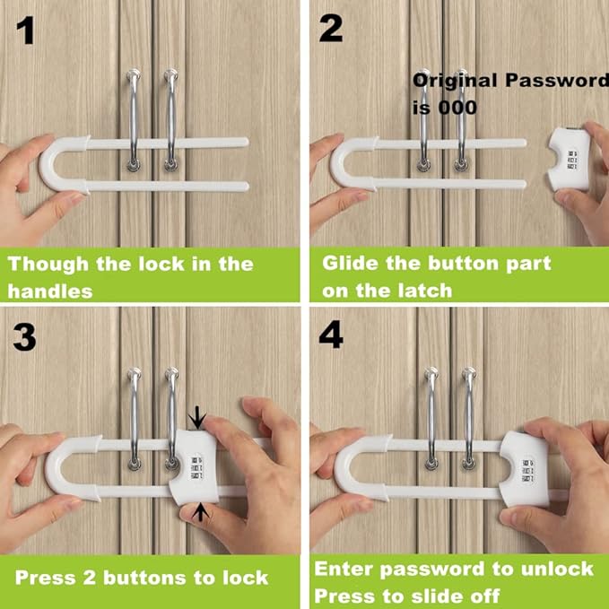 4 Pack Child Proof Sliding Cabinet Door Code Locks Baby Safety Cupboard Locks Adjustable U Shaped Cabinet Latches for Knob Handle Drawers Closet Plastic (4 PCS, White)