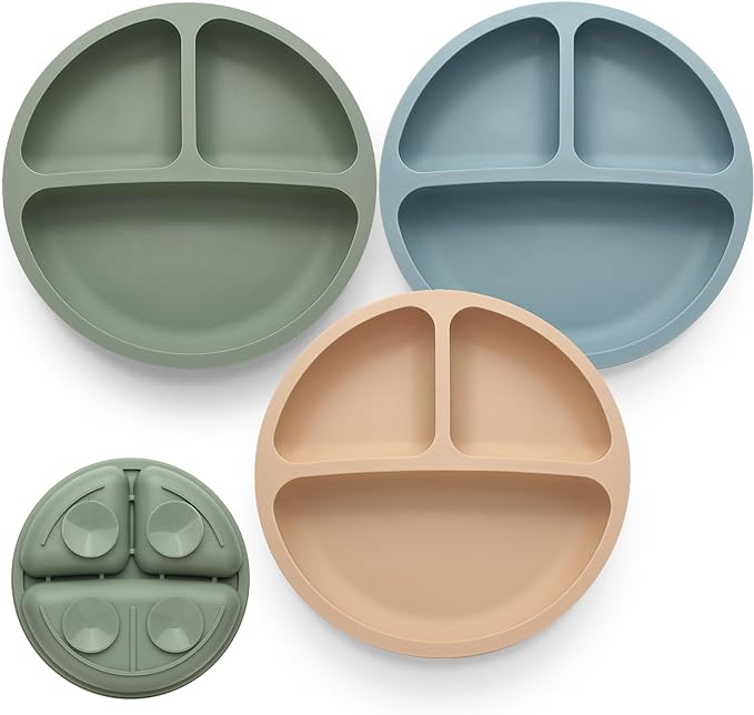 Eascrozn Toddler Plates 3 Pack, Divided Suction Plates for Baby, 100% Food Grade Silicone Baby Plates, Non-Slip, Baby Led Weaning Supplies, Microwave & Dishwasher Safe