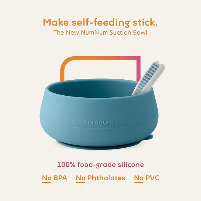 NumNum Baby Bowl & 2 Pack GOOtensils Baby Spoons, Suction Bowls for Baby 4+ Months, Extra Strong Non-Slip Suction, 100% Food-Grade Silicone, BPA-Free, Microwave & Dishwasher Safe (Blue/Green)
