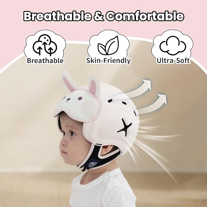 Mambobaby Baby Head Protector Helmet for Crawling and Walking, Breathable Soft Helmet, Ultra-Lightweight & Adjustable, Prevents Bumps Safety Helmet for Infants Toddlers 6-24 Months (Fluffy Bunny)