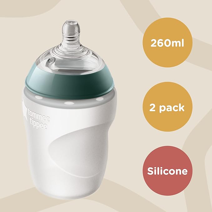 Tommee Tippee Closer to Nature Baby Bottle Nipples, Fast Flow & Closer to Nature Soft Feel Silicone Baby Bottles, Breast-Like Nipples, Anti Colic, Stain and Odor Resistant, 9oz, 2 Count