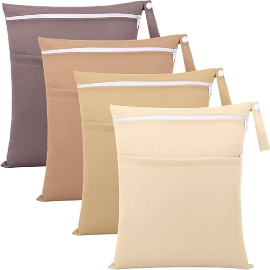 SATINIOR 4 Pack Wet Dry Bags for Baby Cloth Diapers 12x14 Washable Travel Swimsuit Wet Bags Reusable with Two Zippered Pockets for Yoga Gym Swimsuits Travel Beach Pool Soiled Items(Maillard Color)