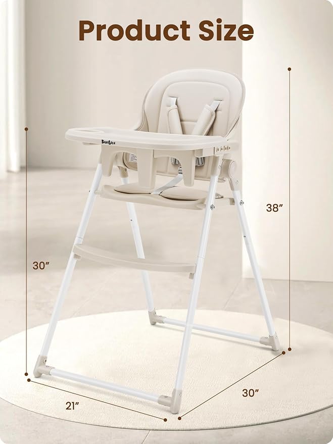 Foldable High Chair for Infants & Toddlers, Adjustable 3-Position Dishwasher-Safe Tray, 5-Point Safety Harness, Space-Saving Design for Dining & Mealtime, Beige