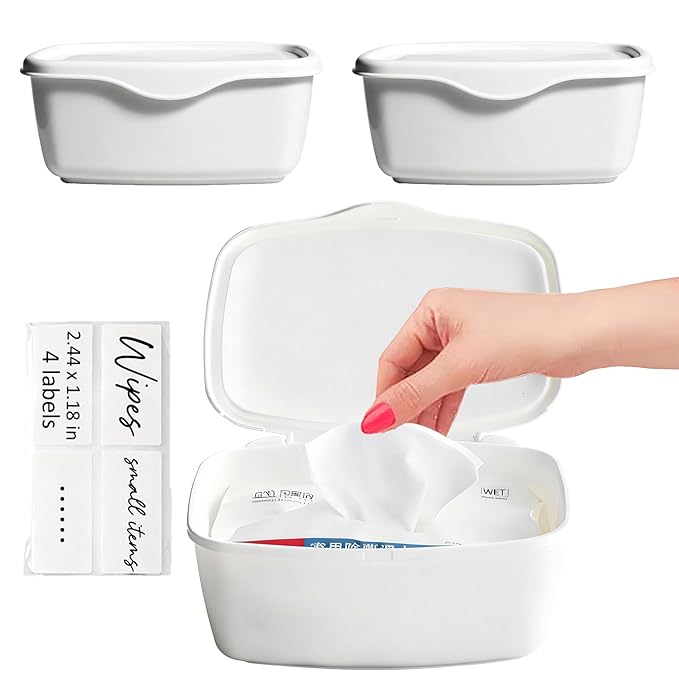 Moorfowl 3 Pack Baby Wipes Dispenser for Bathroom Flushable Wipes Holder White Plastic Organizer Versatile Containers for Small Items Storage Bins with Lids with Blank Labels
