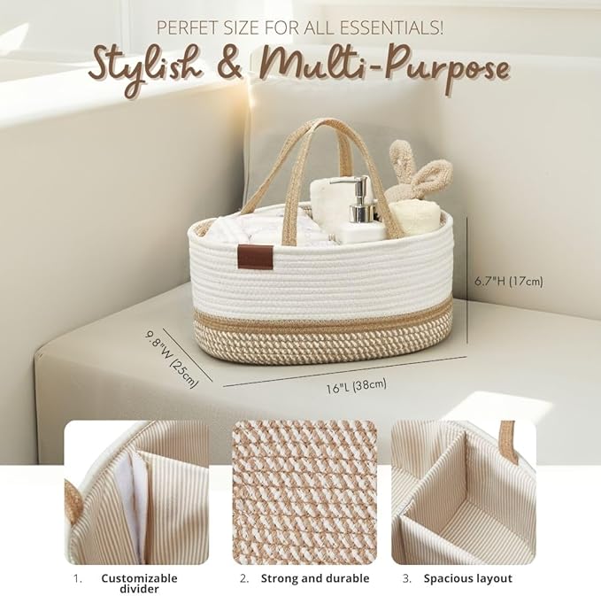 DECOMOMO Diaper Caddy, Empty Woven Basket for Gifts, Mother's Day Baby Baskets for Baby Shower Newborn (Spiral Beige & White, Large Gift Set)