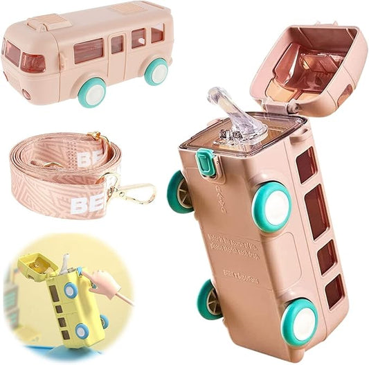 2023 New Portable Water Cup In Bus Shape, 16 OZ Cute Bus Shape Water Bottle, 360° Leak-Proof Portable Water Bottle with Straw and Strap, Bounce Flip Top Straw Water Bottle for Kids (B-Pink)