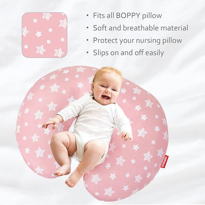 Nursing Pillow Cover for Baby Snug Fits Boppy Nursing Pillows, Super Soft, for Breastfeeding Moms, Pink Star