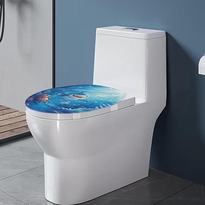 Funny Cartoon Shark Toilet Seat Covers for Bathroom Flannel Fabric Toilet Cover Set Stretch Washable Protector Cover Suitable for Home School Hotel Dormitory Apartment