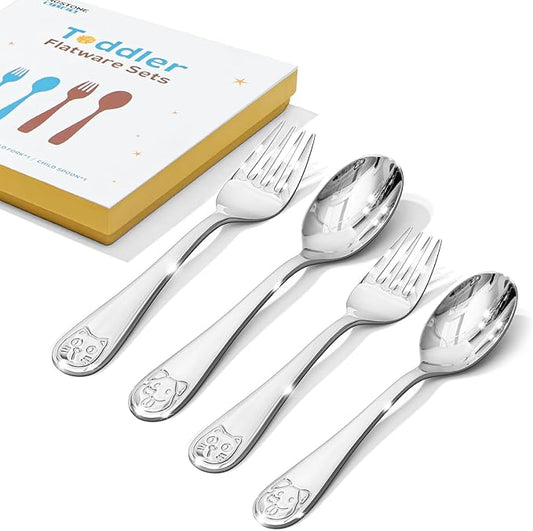 KINGSTONE Toddler Utensils Gift Set, 4-Piece Forks & Spoons, Small & Large, 18/10 Stainless Steel, Cat & Dog Print, Ergonomic Flatware for Toddlers & Kids, Self-Feeding, Children Shower Gift