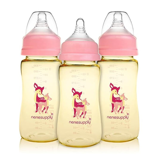 Nenesupply PPSU Baby Bottles Newborn Feeding Bottles Slow Flow Breastfeeding Bottle for Breastfed Babies Wide Mouth 11oz Anti Colic Level 2 Nipple for 1+ Month Infant Replace Spectra Bottle Pumping