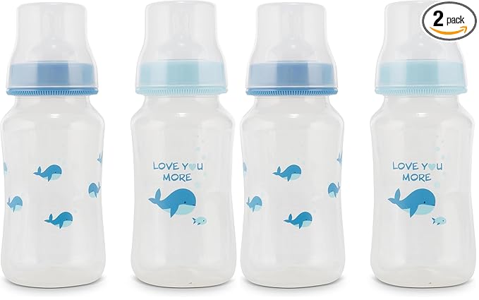 Premium 4-Pack Baby Bottles - 11 Ounce, Hourglass Shape, Fun Boys and Girls Prints, Clear Cover - BPA-Free