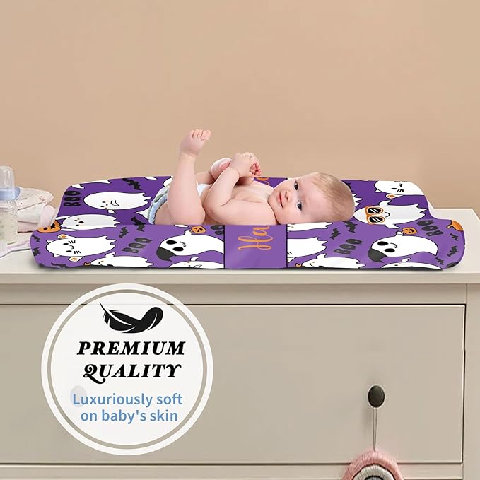 KAINSY Personalized Halloween Changing Pad Cover, Custom Diaper Change Table Sheets with Name, Purple Ghost Print Soft Jersey Knit Change Table Sheets, 2 Pack Changing Pad Covers (16" x 32")