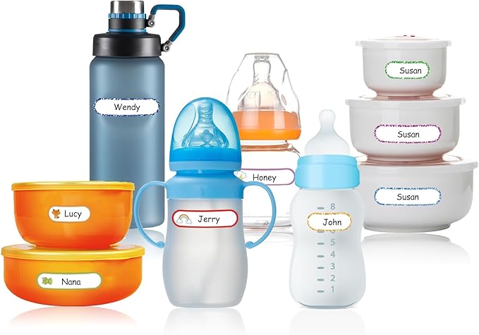 160 PCS Baby Bottle Labels for Daycare, Waterproof Write-On Kids Name Labels, Self-Laminating Self-Adhesive Bottle Strickers for Daycare School, Assorted Sizes & Colors