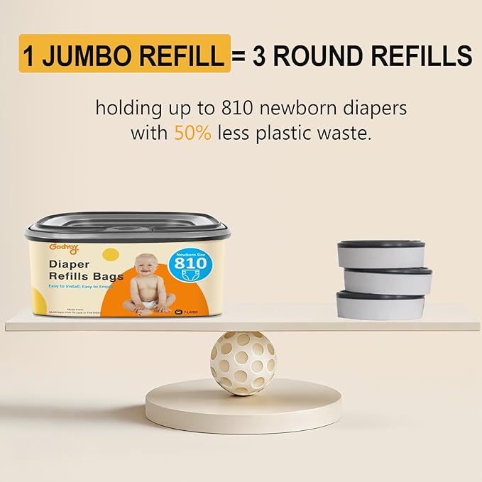 Jumbo Square Refill Compatible with Diaper Genie Classic/Compact/Select Pails,Odor Control & Durable,Holds Up to 810 Newborn Diapers,Unscented Disposal Bag Refills with Continuous Film（3 pack）