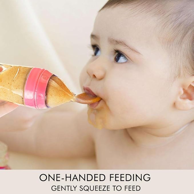 Matyz 2-Piece Silicone Baby Food Dispensing Spoon Set (Pink, 4oz/120ml) - Squeeze Feeder with Spoon for Babies 4 Months+