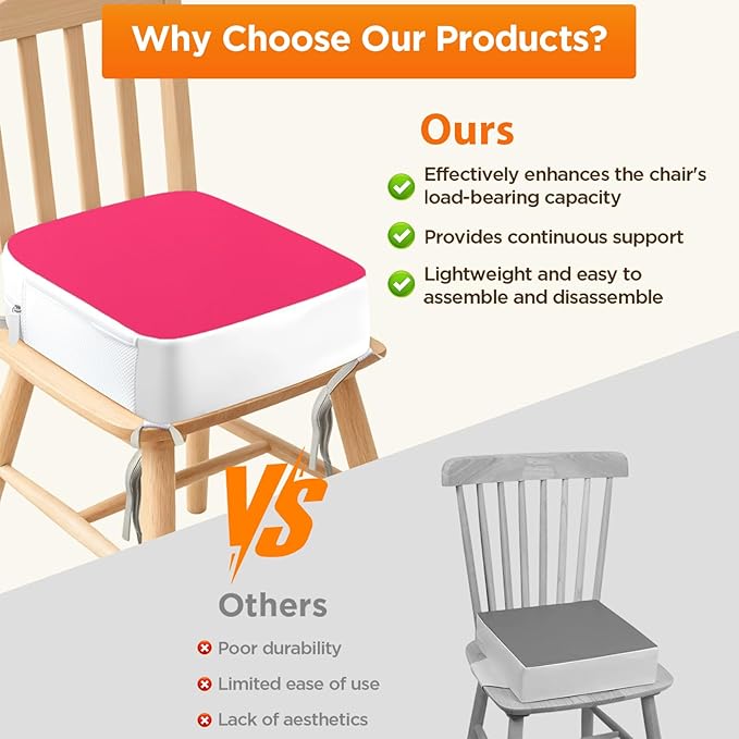 Booster Seat for Kitchen Chair, 3.8" Toddler Booster Seats for Dining Table with Ties, PU Dining Booster Seat with Side Pockets, Non-Slip & Removable Booster Seat for Table Increasing Cushion (Pink)