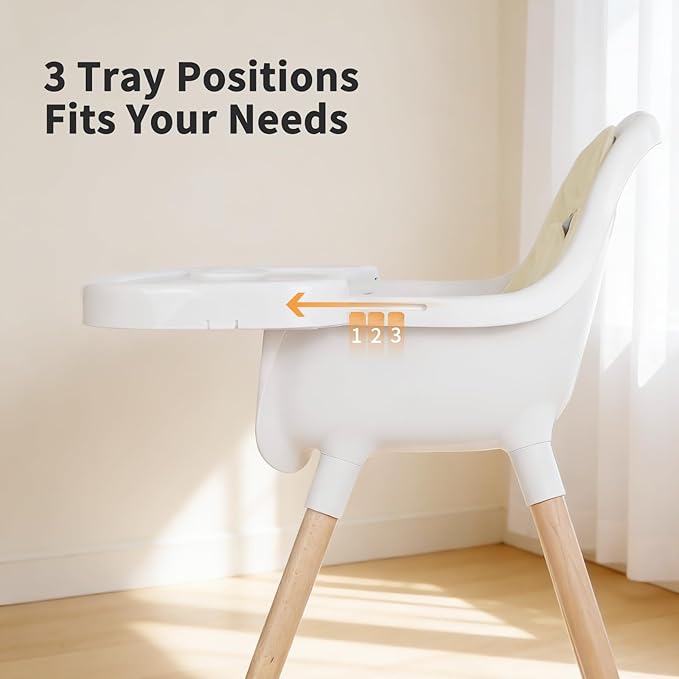 Baby High Chair Wooden Highchair with Removable Tray, Adjustable Legs, Cushion, 5-Point Harness & Footrest, Cream