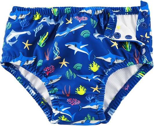 Baby Swim Diapers Reusable Washable Infant Diaper Swimsuit with Side Snap UPF 50+ Sun Protection for Pool Beach(0-6 Months,Blue Sharks)