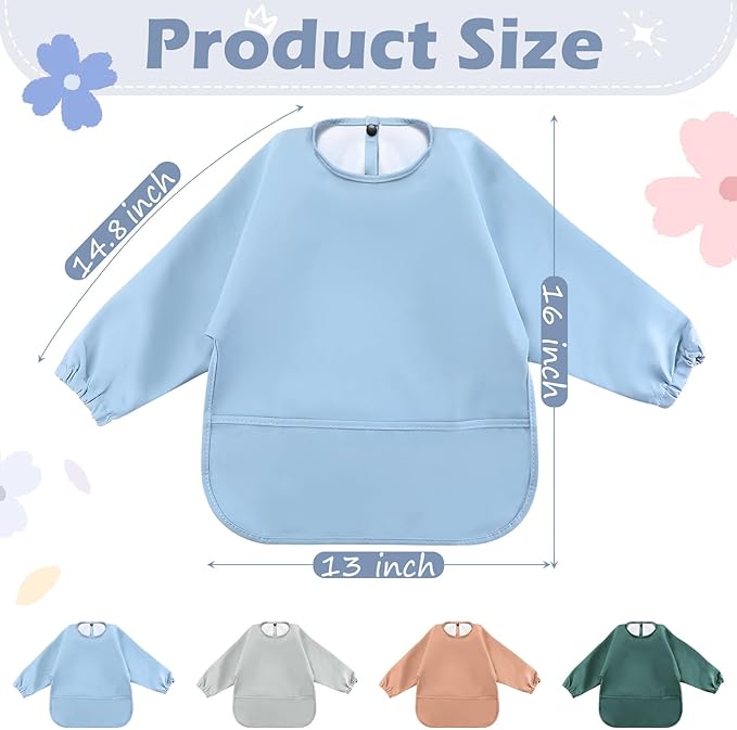 JaGely 4 Pack Long Sleeve Baby Bibs Waterproof Smock Bid with Elastic Cuffs Large Pocket for Baby Eating Feeding 6-36 Months