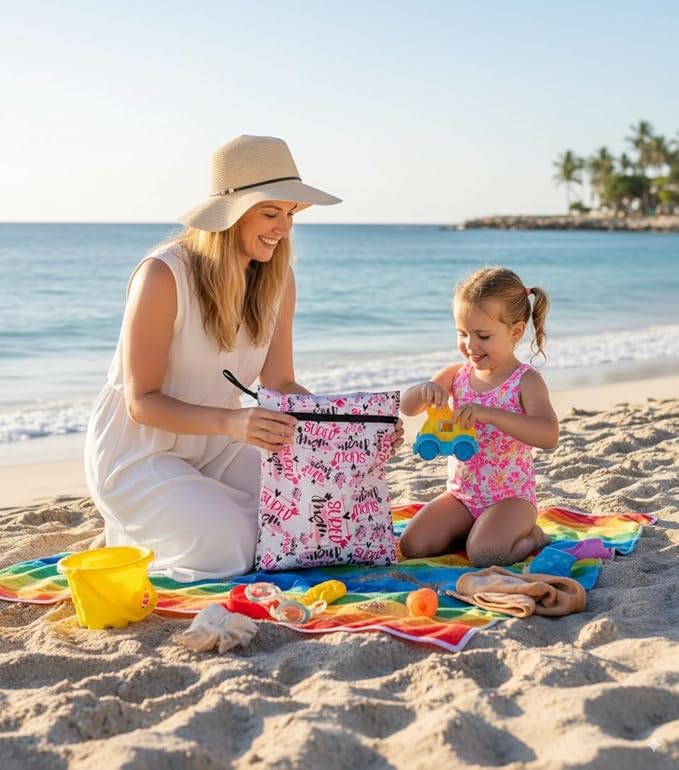 Waterproof Wet Bag 2-Pack, Reusable Leakproof Organizer for Swimwear, Cloth Diapers & Travel, 11.81 x 14.57 inch (Super Mom)