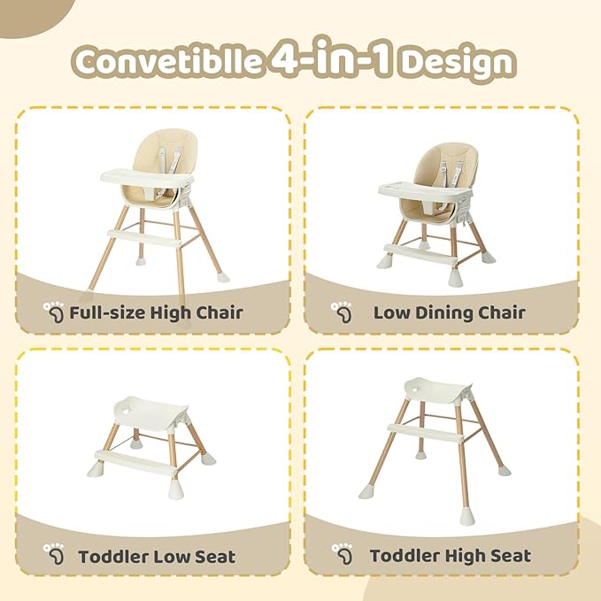 JOYMOR 5 in 1 Convertible Baby High Chair, Highchair for Babies and Toddlers, Easy Clean, Infant Highchair with Removable Double Tray & 5-Point Harness (Beige)