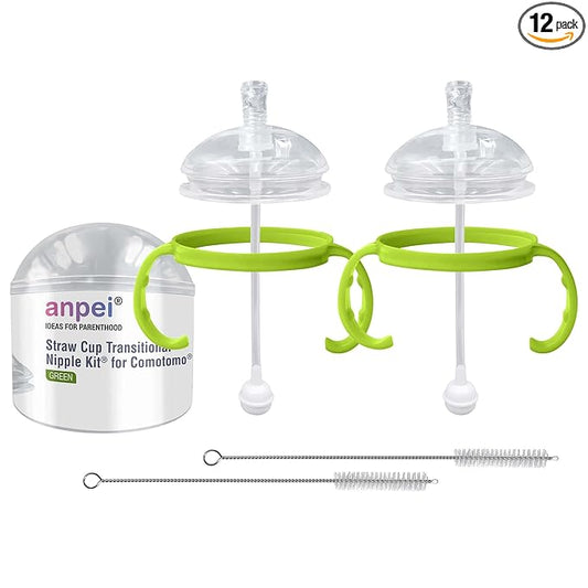 Straw Transition Cup Kit for Comotomo Baby Bottles | Conversion Kit Fits 5 and 8 Ounce Bottles | Soft, Silicone Straw Top Bottle Nipple & Weighted Straw to Help Baby | 2 Pack (Green) + Brushes
