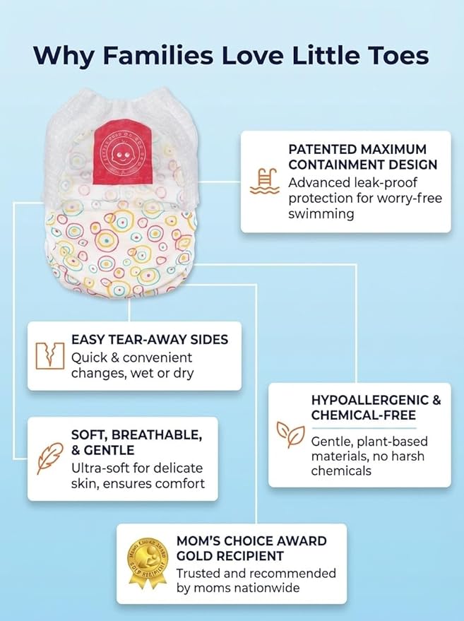 Little Toes Premium Natural Disposable Swim Diapers, Size 5 Large (26+ lbs) (12 Count) | Baby Disposable Swim Diapers | Hypoallergenic, Chlorine & Fragrance-Free | Gentle on Sensitive Skin