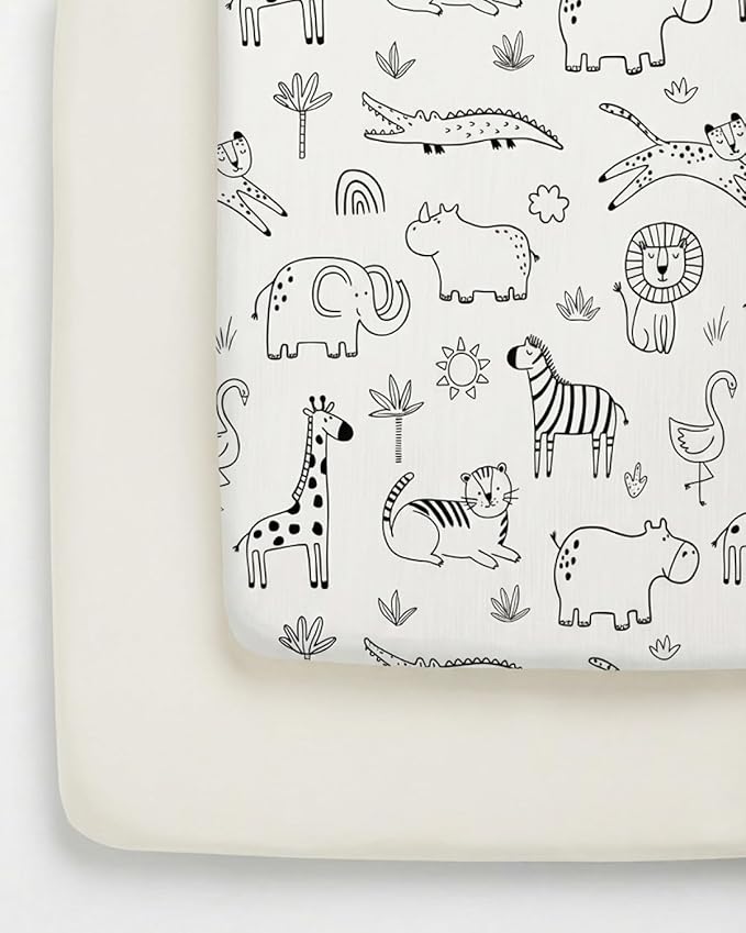 Pack and Play Sheets Fitted - 2 Pack Mini Crib Sheets for Pack N Play Mattress - Unisex Playard Microfiber Bedding for Boys & Girls - Soft, Breathable & Wrinkle Free - Oeko-Tex, 38 x 26in - Zoo Sketch