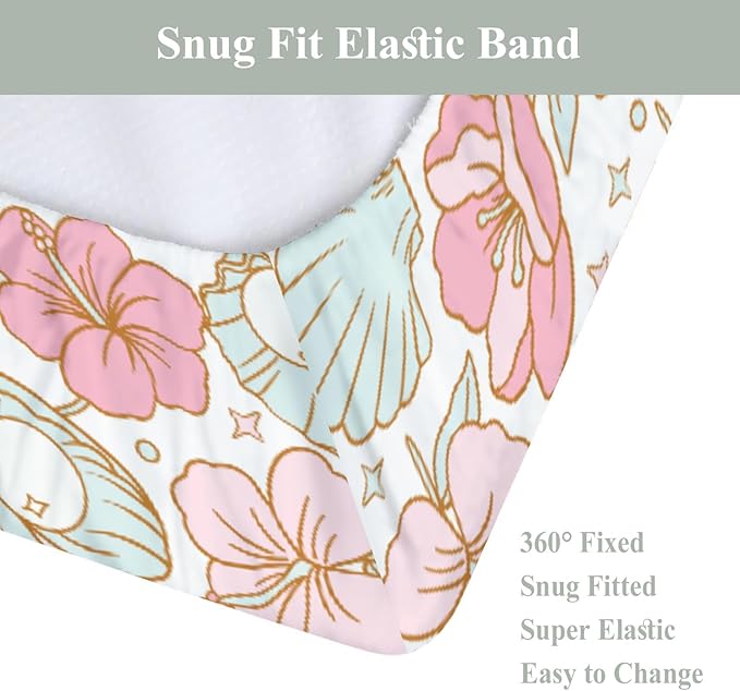 Boho Summer Mermaids Floral Changing Pad Covers for Baby Girls Boys Beach Seashells Conch Tropical Flowers Fitted Change Table Pad Covers Mats Ocean Marine Soft Diaper Changing Pad Sheets 32''×16''