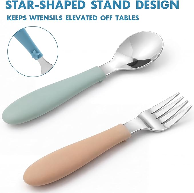 Pimoys 6 Pieces Toddler Utensils, Kids Forks and Spoons with Silicone Handle, Stainless Steel Toddler Silverware Set, Dishwasher Safe