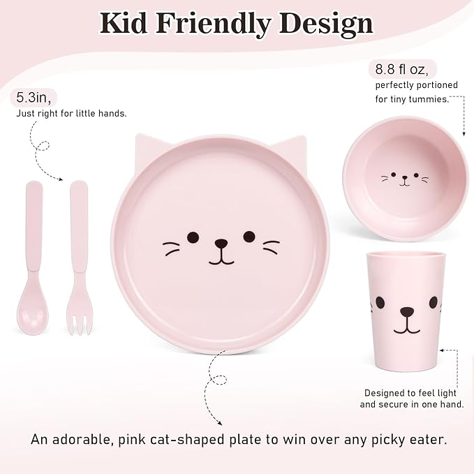 Dinnerware Set for Kids - 5-Piece Kitten-Themed Includes Plate, Bowl, Cup & Utensils | BPA-Free, Microwave & Dishwasher Safe | Ideal Gift for Girls (Pink - Kitten)