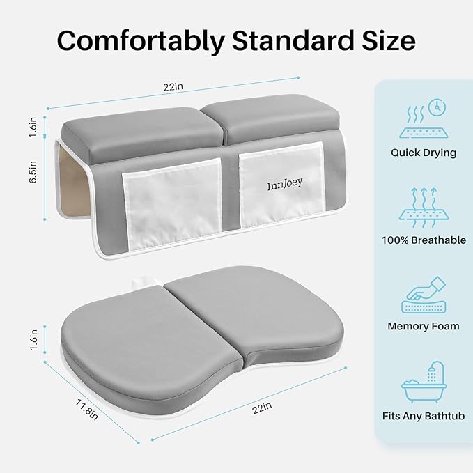 Bath Kneeler and Elbow Rest Pad Set, 1.6'' Extra Thick Bath Support for Knees and Elbows, Memory Foam Bath Mat with Toy Organizer Pockets, Quick-Dry Kneeling Pad for Bathing Grey