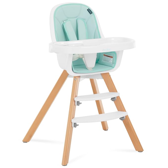 évolur Zoodle 3-in-1 High Chair in Mint | Convertible Wooden Baby Feeding Chair with Dishwasher Safe Removable Tray, Adjustable Footrest, Padded Cushion, 5-Point Harness for Infants & Toddlers