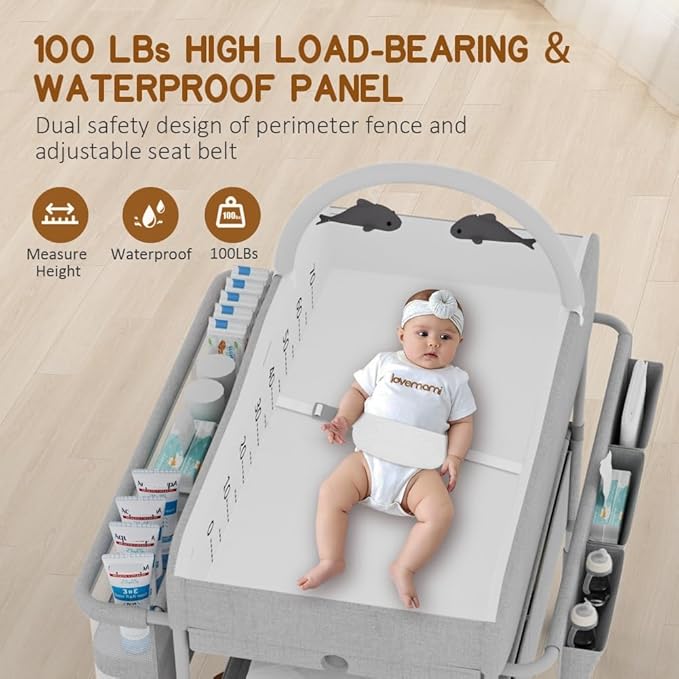 Diaper Changing Station, Portable Changing Table for Baby, Diaper Changing Table with Storage Drawers, Waterproof Baby Changing Station with Wheels and Adjustable Height for Newborn Infant (Grey)