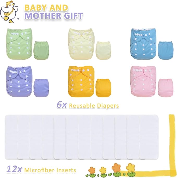 TDIAPERS Cloth Diapers Reusable Washable Pocket Diapers Cover One Size Adjustable for Baby 6 Pack with 12 Inserts
