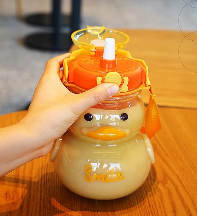 Large Cute Duck Water Bottle with Straw and Strap 34oz Kawaii Duck Water Bottle with 3D Stickers for Kids Toddler Girls School Sports Travel Leakproof Portable Handle Hot and Cold Bottles (Yellow)