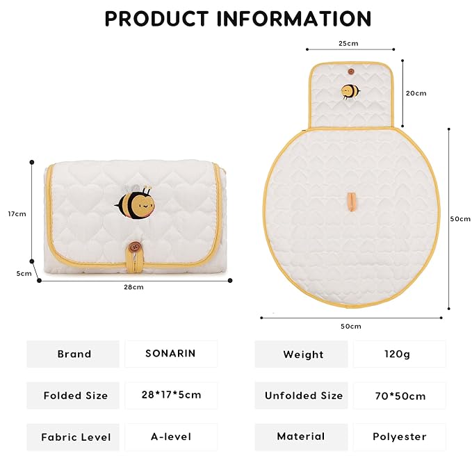 SONARIN Cute Portable Baby Changing Mat,Waterproof Folding Diaper Changing Pad Lightweight Travel Nappy Changing Mat Changing Station with Pocket for Newborns Infants(Bee)