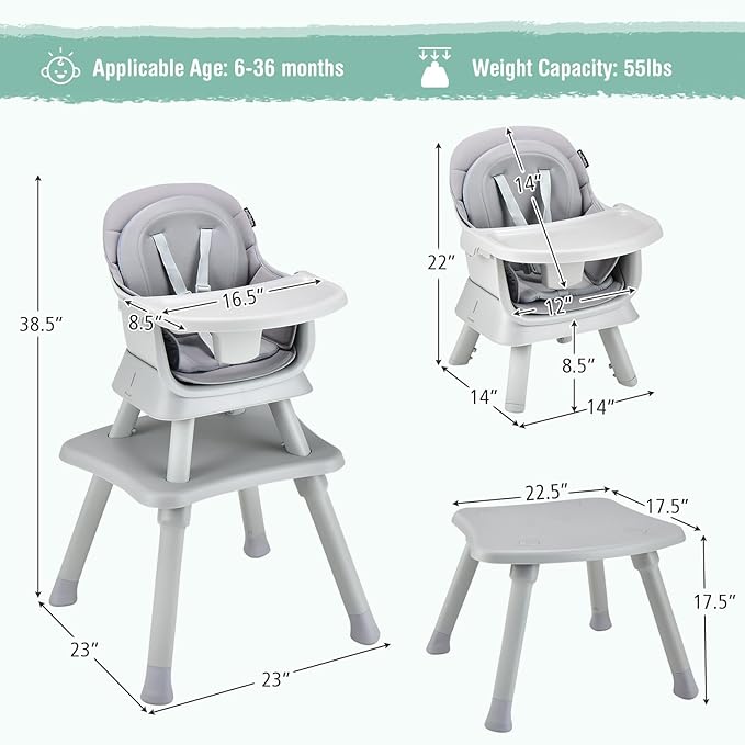 GLACER 8 in 1 Convertible Baby High Chair - Adjustable High Chairs for Babies and Toddlers with Removable Tray, Dual Cushions, Activity Table and Chair Set, Booster Seat, Stool (Gray)