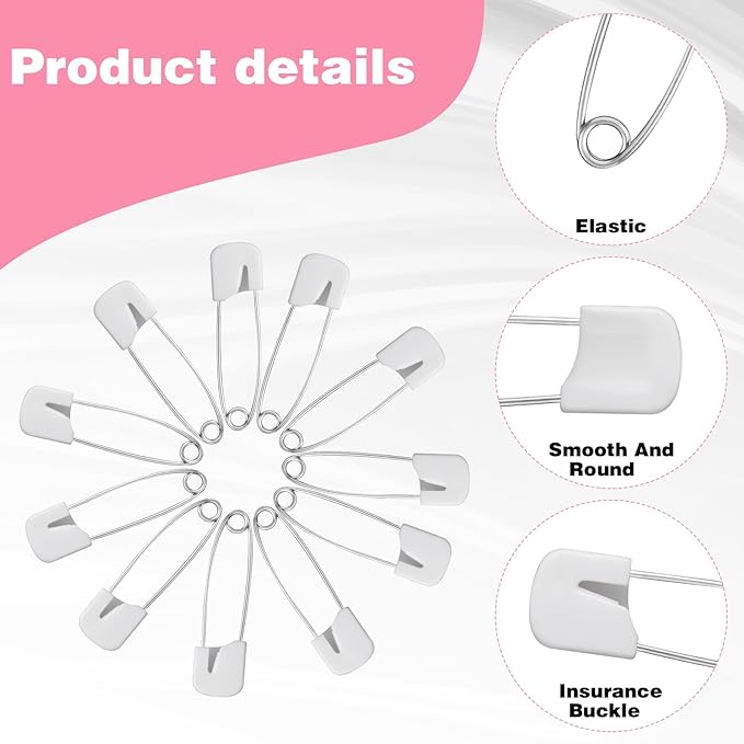 50 Pieces Diaper Pins, 2.2 Inch Plastic Head Safety Pins for Clothes, Heavy Duty Sewing Clips for Fabric and Quilting, Sturdy, Stainless Steel Diaper Pin with Safe Locking Closures