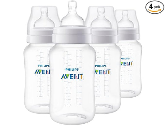 Philips Avent Anti-Colic Baby Bottles, 11oz, with Flow 3 Nipples, 3m+, 4pk, Clear, SCY106/04