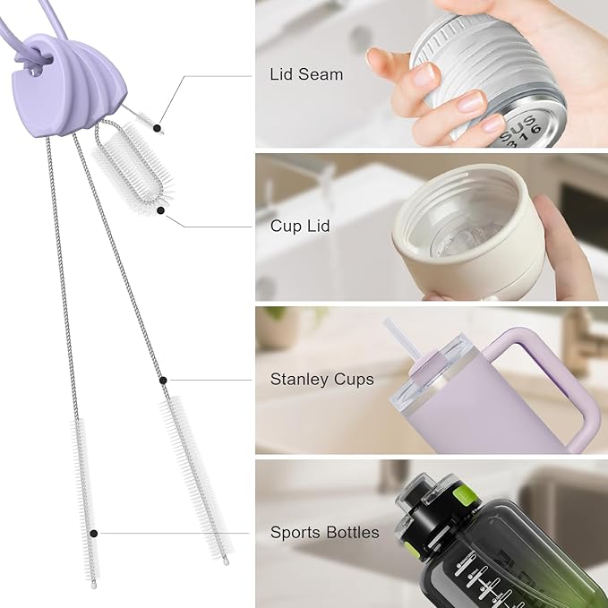 YOTIME 4in1 Straw Cleaner Brush Set, Reusable Standing Straw Brushs with Holder Ring, for Wide and Narrow Straws, Tumblers, Water Bottles and Cups, Purple
