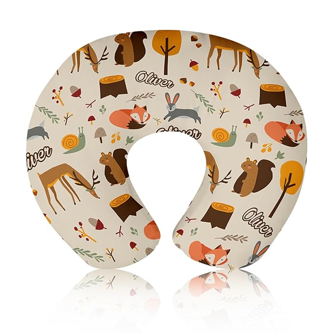 Baby Nursing Pillow Cover - Personalized Name Breastfeeding Pillow Cover with Deer Pattern, Stretchy Removable U-Shaped for New Moms, Soft Breathable Slipcover for Infant Boys Girls