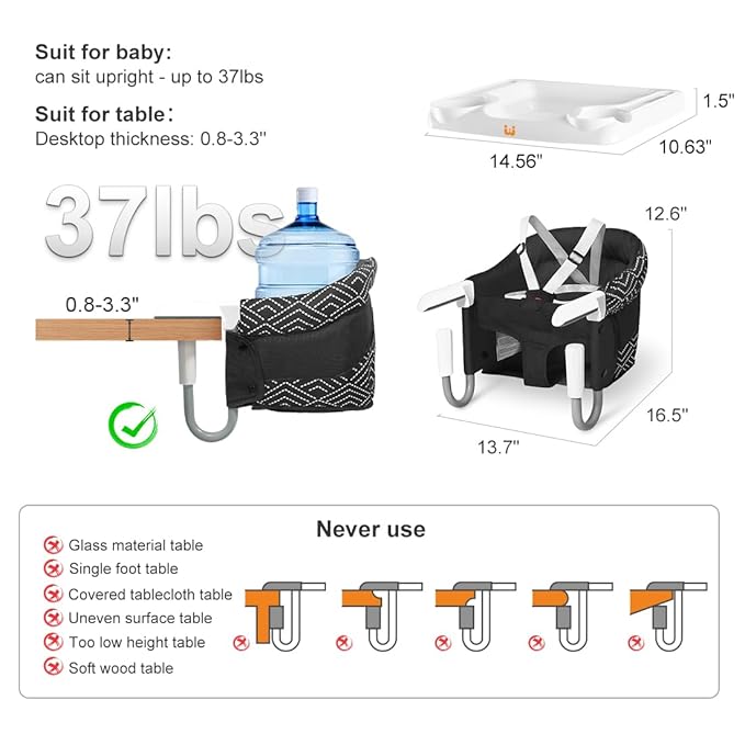 MTWML Hook On High Chair with Tray,Portable Baby High Chair that Attaches to Table,Clip On Fast Table Seat for Babies and Toddlers.Baby Feeding Seat for Dining Tables and Counter(Stripe-Black)
