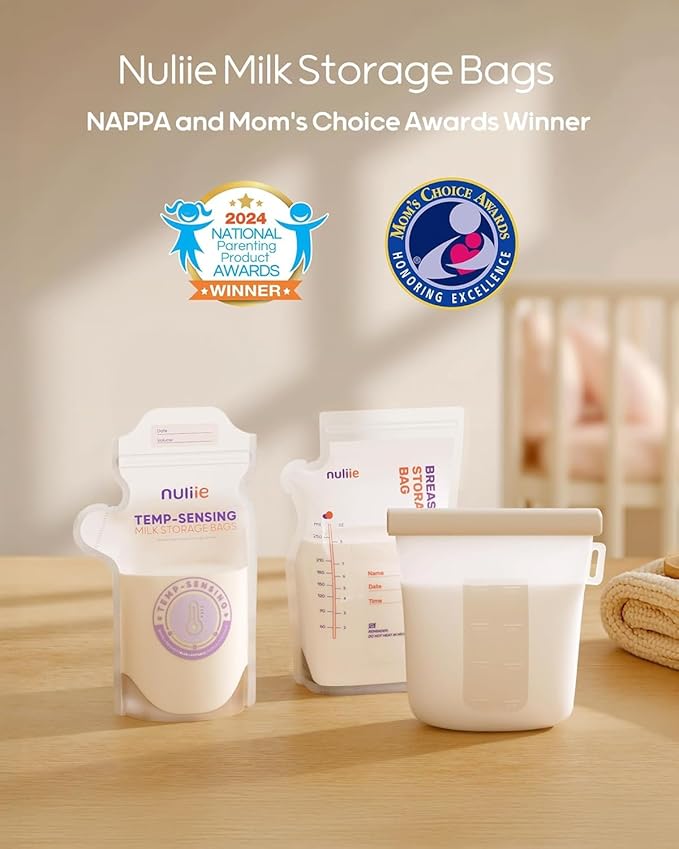 Nuliie 100pcs Temp-Sensing Breastmilk Storage Bag, Huge Temp-Sensing Icon & Locking Clamp, 6oz Breast Milk Storage Bags Freezer Pour Spout, Self Standing Milk Storage Bags Breastmilk, BPA-Free No-Leak