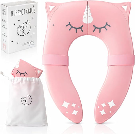 Hippypotamus Travel Potty Seat for Toddler - Folding Potty Training Seat - Portable Toilet Seat Cover for Baby & Kids (PINK Unicorn)