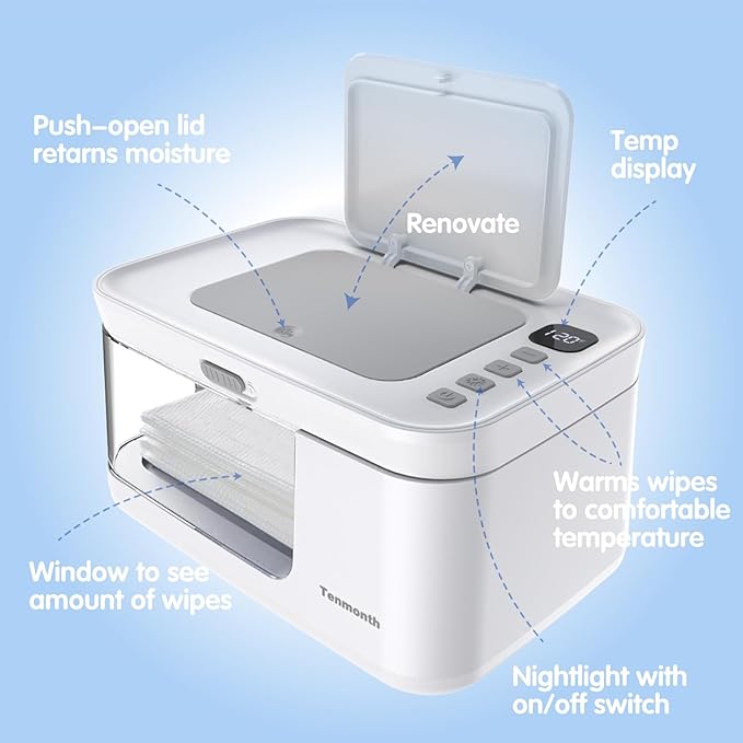 Baby Wipe Warmer Baby Wet Wipes Dispenser, Tenmonth Diaper Wipe Warmer with LED Light & Transparent Viewing Window, Adjustable 95℉-131℉, 1.5 Meter Plug Cord