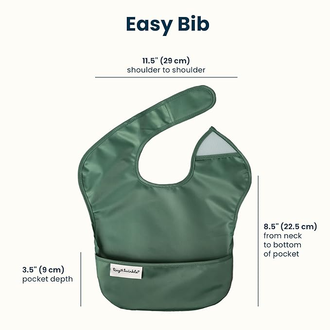Tiny Twinkle Mess-Proof Baby Bibs for Eating | Waterproof, Wipeable Toddler Bibs with Catch-All Pocket | Feeding Bibs for Girls & Boys(3 Pack,Olive. Slate)