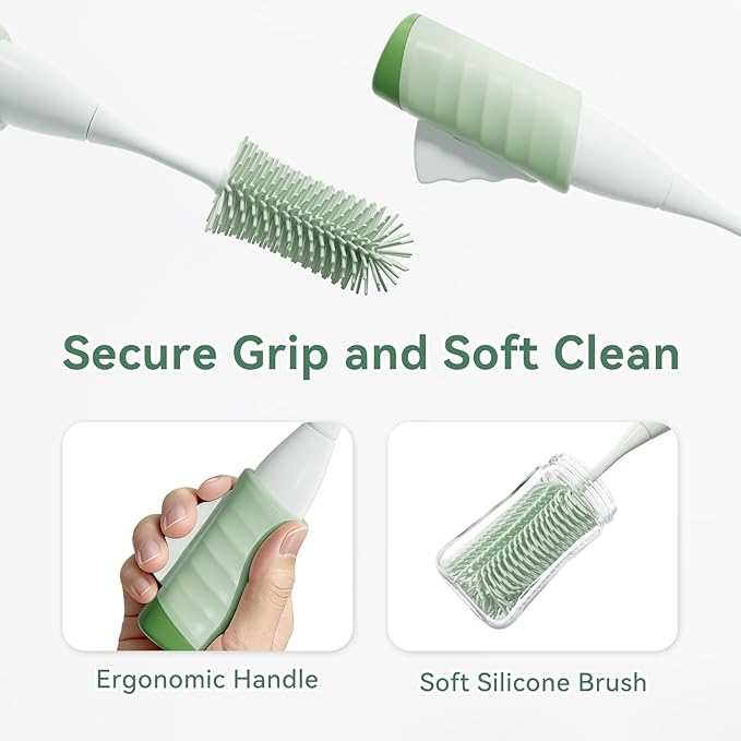 Baby Bottle Brush Set, Innovative Efficient Press-to-Spin Brush Cleaner - Includes Silicone Bottle Brush, Nipple Brush, Straw Cleaner - Spinning Generates Rich Foam for Deep Cleaning, Green